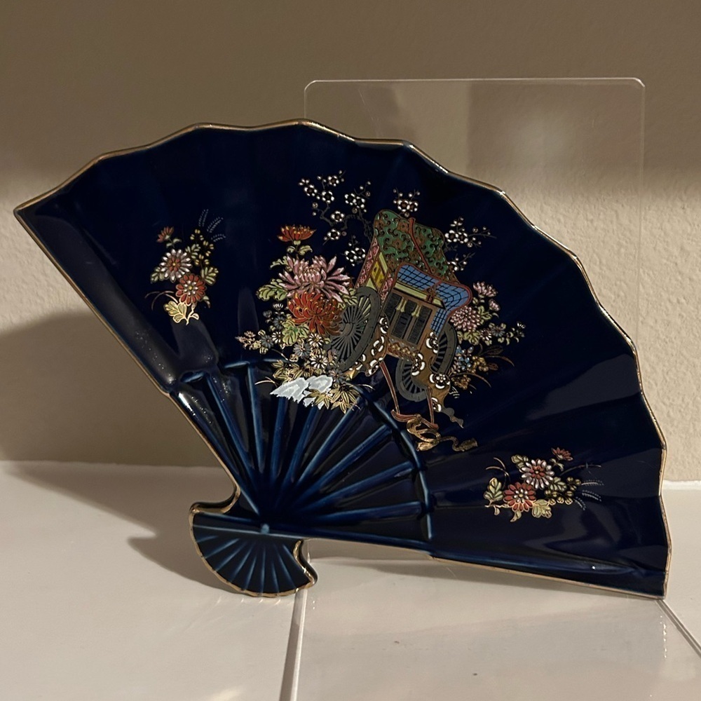 Fan Shaped Kutani Sauce Plate Cobalt Blue & Gold Japanese Cart Art Small Dish